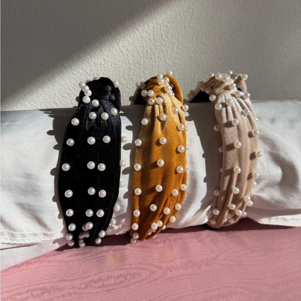 Elegant Pearl-Studded Headbands - Black, Gold, and Cream